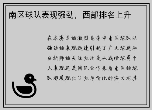 南区球队表现强劲，西部排名上升